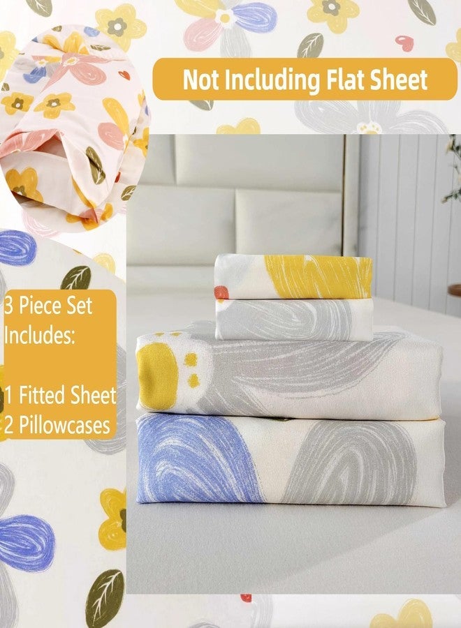 SDIII 3PCS Yellow Floral Fitted Sheet Set Full, 1 Fitted Sheet and 2 Pillowcase, Excluding Flat Sheet, Soft Microfiber Yellow Floral Full Sheet Set - Image 2