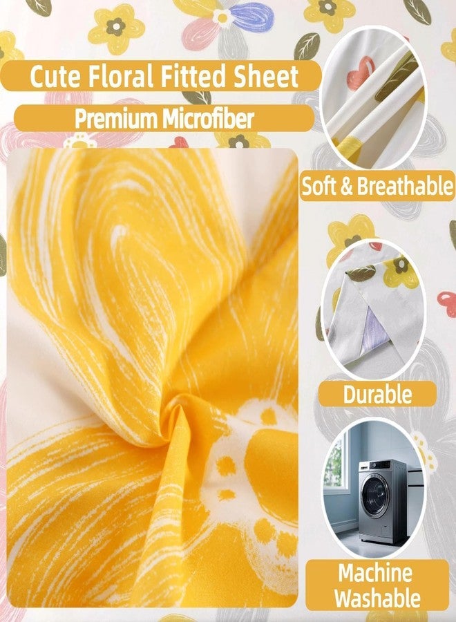 SDIII 3PCS Yellow Floral Fitted Sheet Set Full, 1 Fitted Sheet and 2 Pillowcase, Excluding Flat Sheet, Soft Microfiber Yellow Floral Full Sheet Set - Image 3