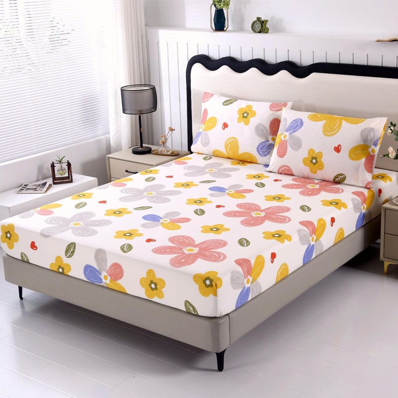 SDIII 3PCS Yellow Floral Fitted Sheet Set Full, 1 Fitted Sheet and 2 Pillowcase, Excluding Flat Sheet, Soft Microfiber Yellow Floral Full Sheet Set - Image 1