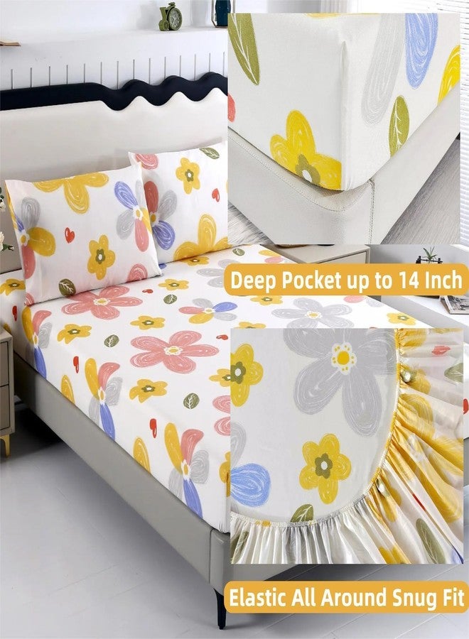 SDIII 3PCS Yellow Floral Fitted Sheet Set Full, 1 Fitted Sheet and 2 Pillowcase, Excluding Flat Sheet, Soft Microfiber Yellow Floral Full Sheet Set - Image 4