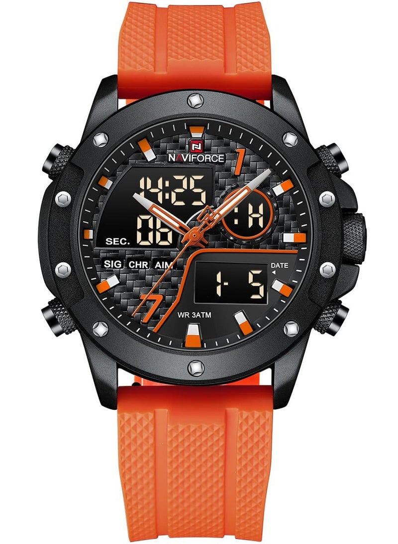 NAVIFORCE Mens Black Dial Black Case Orange Rubber Strap Watch Analog Digital Quartz Waterproof Chronograph with Dual Display  - Image 1
