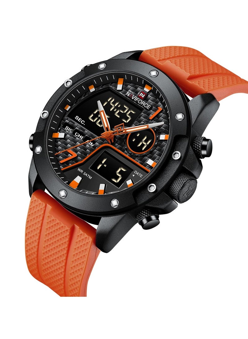 NAVIFORCE Mens Black Dial Black Case Orange Rubber Strap Watch Analog Digital Quartz Waterproof Chronograph with Dual Display  - Image 2
