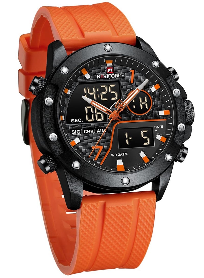 NAVIFORCE Mens Black Dial Black Case Orange Rubber Strap Watch Analog Digital Quartz Waterproof Chronograph with Dual Display  - Image 3