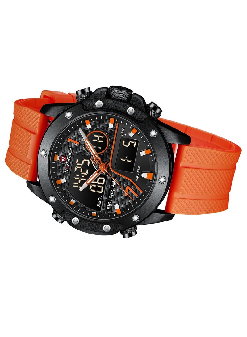 NAVIFORCE Mens Black Dial Black Case Orange Rubber Strap Watch Analog Digital Quartz Waterproof Chronograph with Dual Display  - Image 4