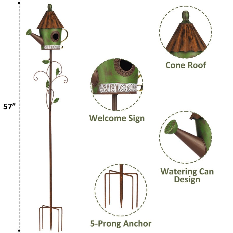 BAYN 57â€ Bird Houses Stake for Outside, Metal Watering Can Birdhouse Garden Stake Wild Bird Feeder Pole with Welcome Sign Outdoor Decorations for Patio, Backyard, Garden - Image 4
