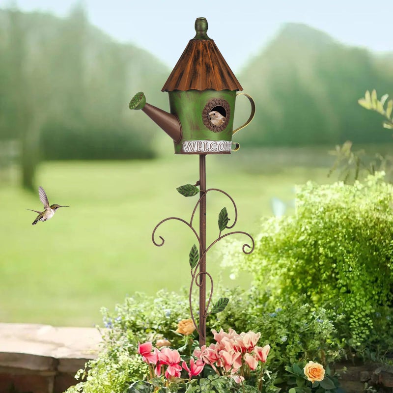 BAYN 57â€ Bird Houses Stake for Outside, Metal Watering Can Birdhouse Garden Stake Wild Bird Feeder Pole with Welcome Sign Outdoor Decorations for Patio, Backyard, Garden - Image 3