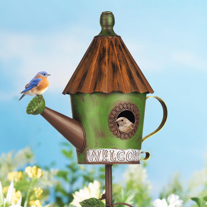 BAYN 57â€ Bird Houses Stake for Outside, Metal Watering Can Birdhouse Garden Stake Wild Bird Feeder Pole with Welcome Sign Outdoor Decorations for Patio, Backyard, Garden - Image 2