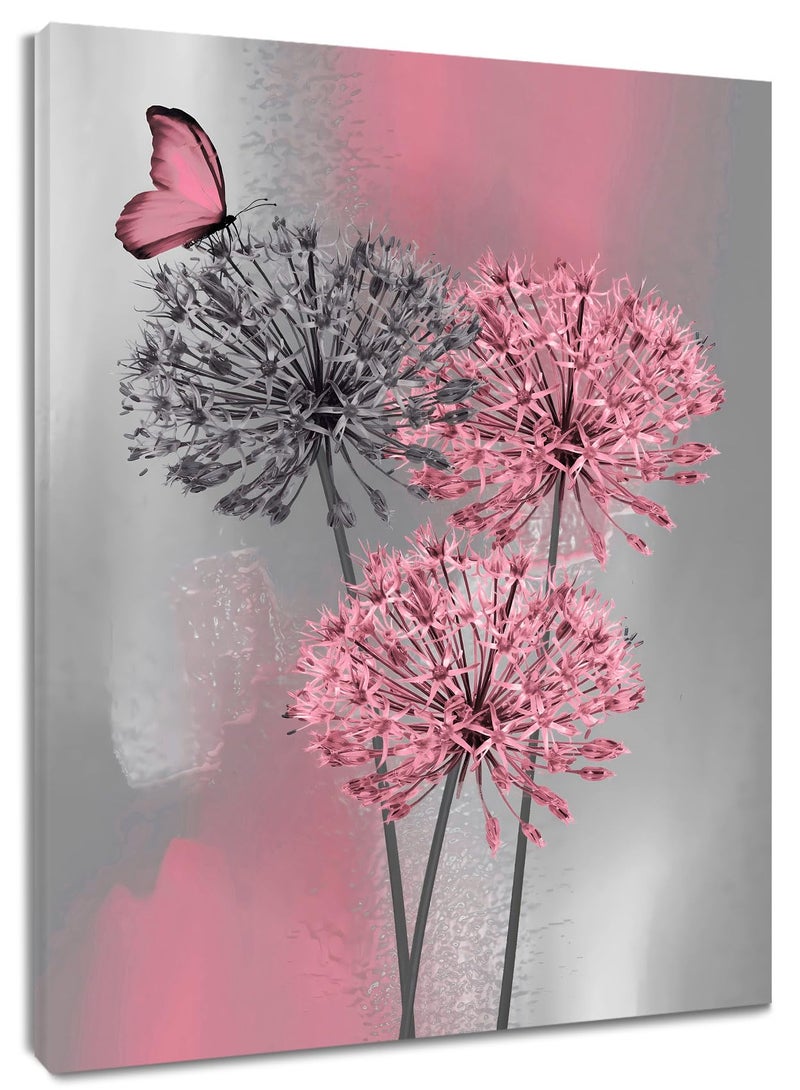LB Pink Dandelion Canvas Wall Art Pink and Grey Dandelion with Butterfly on Modern Abstract Wall Art Aesthetic Wall Decor for Living Room Bedroom Bathroom Office Framed Ready to Hang 16L x 12W - Image 1
