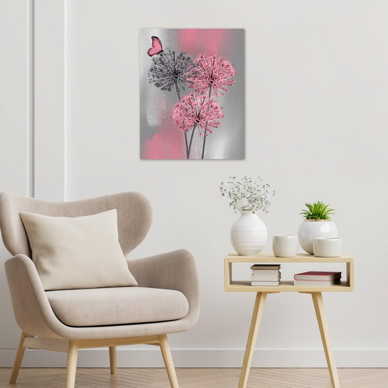 LB Pink Dandelion Canvas Wall Art Pink and Grey Dandelion with Butterfly on Modern Abstract Wall Art Aesthetic Wall Decor for Living Room Bedroom Bathroom Office Framed Ready to Hang 16L x 12W - Image 5