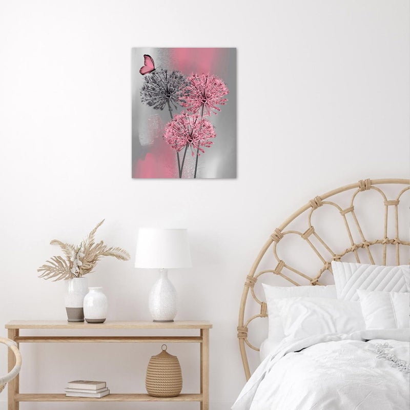 LB Pink Dandelion Canvas Wall Art Pink and Grey Dandelion with Butterfly on Modern Abstract Wall Art Aesthetic Wall Decor for Living Room Bedroom Bathroom Office Framed Ready to Hang 16L x 12W - Image 2