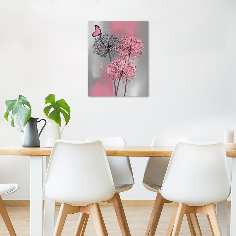 LB Pink Dandelion Canvas Wall Art Pink and Grey Dandelion with Butterfly on Modern Abstract Wall Art Aesthetic Wall Decor for Living Room Bedroom Bathroom Office Framed Ready to Hang 16L x 12W - Image 4