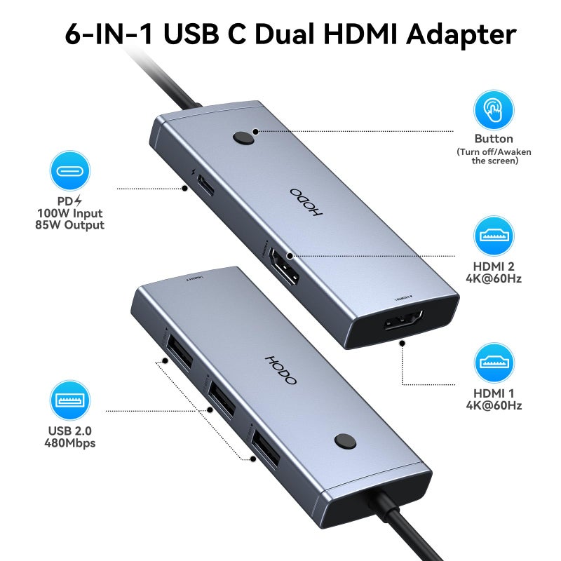 HODO Docking Station to Dual HDMI Monitors Adapter USB C to Dual HDMI Adapter 4K 60 Hz for Laptops Docking Station Dual Monitor with PD 3 USB Port Button Compatible for HP Elitebook Dell XPS 13 15 etc - Image 2