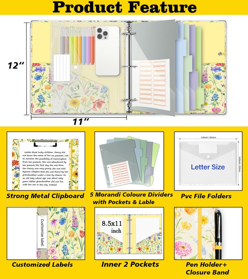 KLLVE 3 Ring Binder 2 Inch, Three Ring Binders Organizer with Clipboard, 5-Tabs Pockets Dividers, Plastic Folder, 18 Divider Stikers, KLLVE Cute Binder with Pen Loop (Garden Party, Letter Size) - Image 2