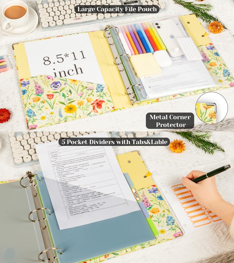 KLLVE 3 Ring Binder 2 Inch, Three Ring Binders Organizer with Clipboard, 5-Tabs Pockets Dividers, Plastic Folder, 18 Divider Stikers, KLLVE Cute Binder with Pen Loop (Garden Party, Letter Size) - Image 3