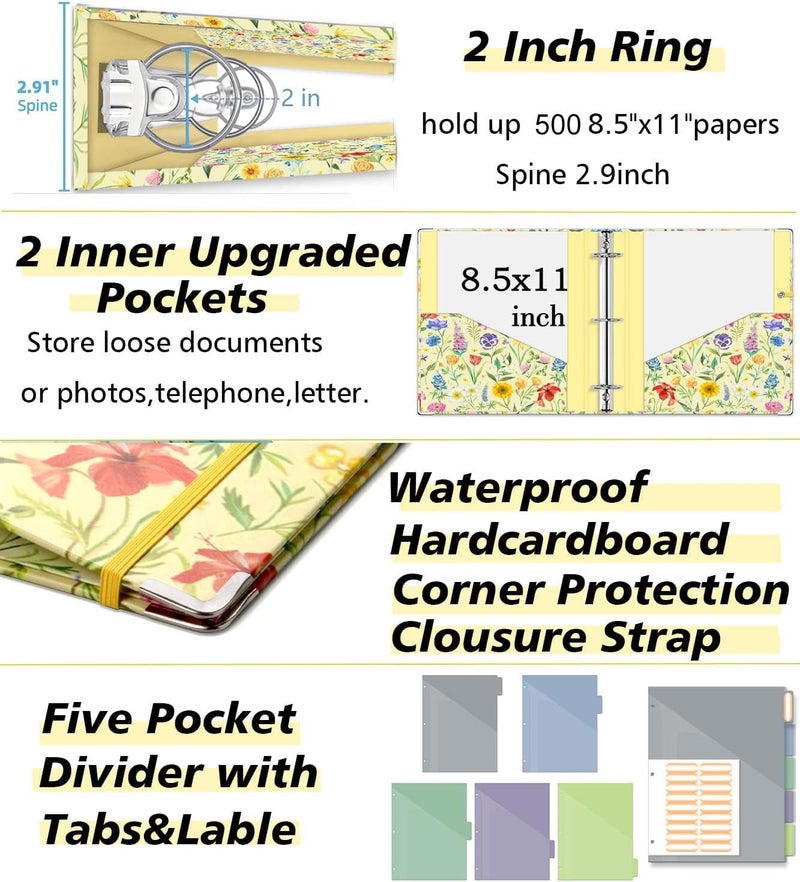 KLLVE 3 Ring Binder 2 Inch, Three Ring Binders Organizer with Clipboard, 5-Tabs Pockets Dividers, Plastic Folder, 18 Divider Stikers, KLLVE Cute Binder with Pen Loop (Garden Party, Letter Size) - Image 4