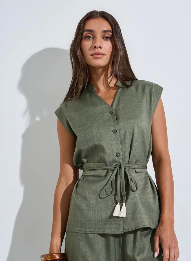 ستايلي Green V Neck Solid Top with Belt and Wide Leg Pants Co-Ords