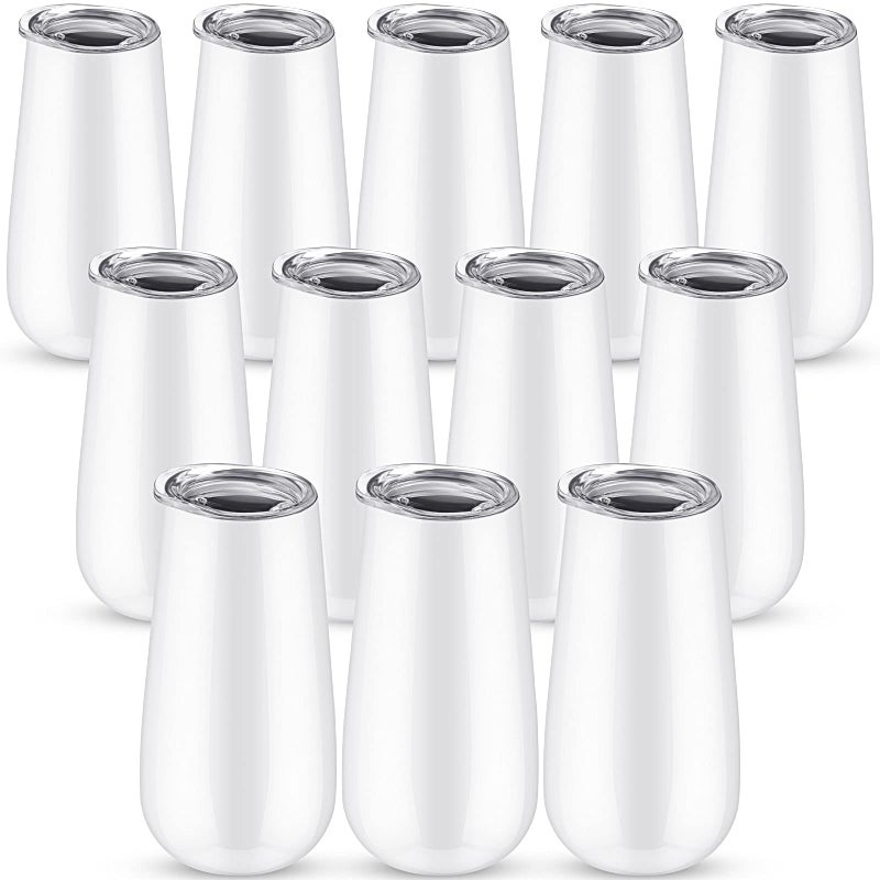 Patelai 12 Pieces 6 oz Stemless Champagne Flutes Wine Tumbler DoubleInsulated Cocktail Cups Unbreakable Reusable Champagne Toasting Glass with Lid for Wine Cocktail Wedding Birthday Party White