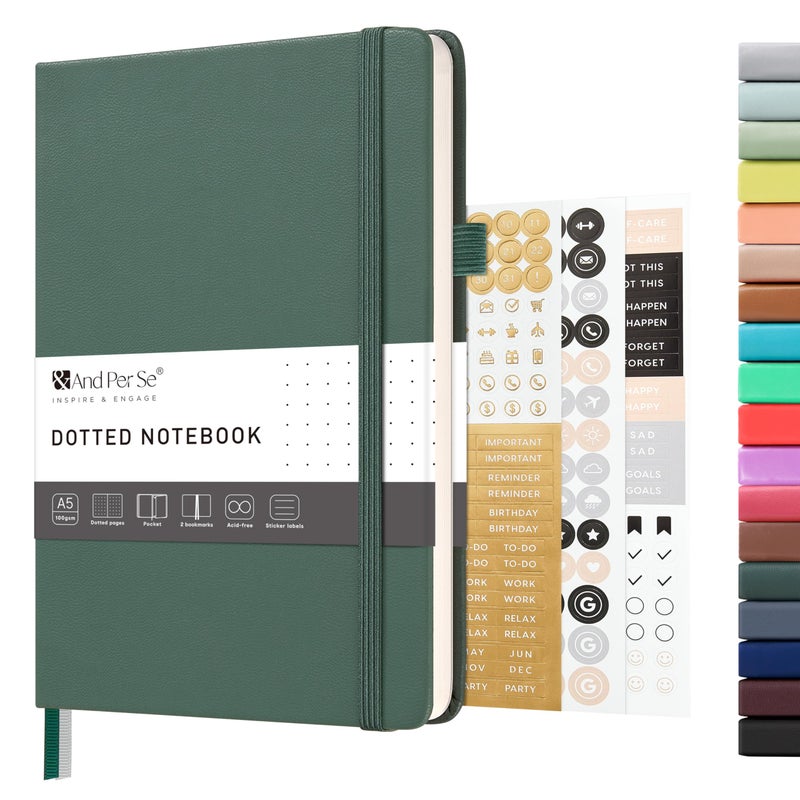 &And Per Se ⩓ Per Se Dotted Journal Notebook â€“ A5 Hardcover, 160 Pages 100gsm Paper, Dot Grid Notebook for Planning & Creative Journaling, 3 Sticker Sheets Included (Dark Green) - Image 1
