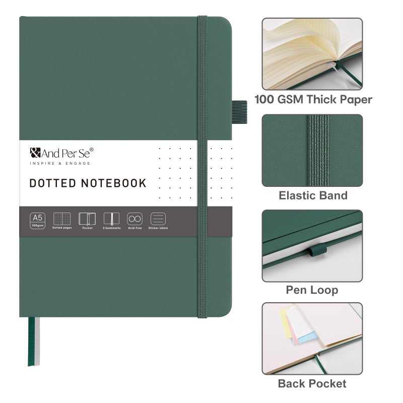 &And Per Se ⩓ Per Se Dotted Journal Notebook â€“ A5 Hardcover, 160 Pages 100gsm Paper, Dot Grid Notebook for Planning & Creative Journaling, 3 Sticker Sheets Included (Dark Green) - Image 3