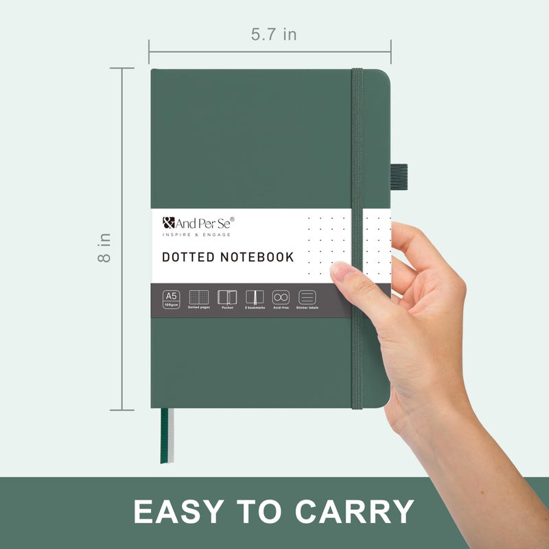 &And Per Se ⩓ Per Se Dotted Journal Notebook â€“ A5 Hardcover, 160 Pages 100gsm Paper, Dot Grid Notebook for Planning & Creative Journaling, 3 Sticker Sheets Included (Dark Green) - Image 4