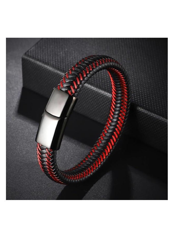 MARIO DRAFTS Men's Braided Leather Bracelet, Black and Red, Magnetic Clasp - Image 2