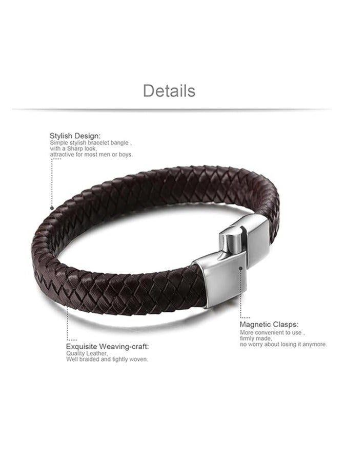 MARIO DRAFTS Men's Braided Leather Bracelet, Black and Red, Magnetic Clasp - Image 3