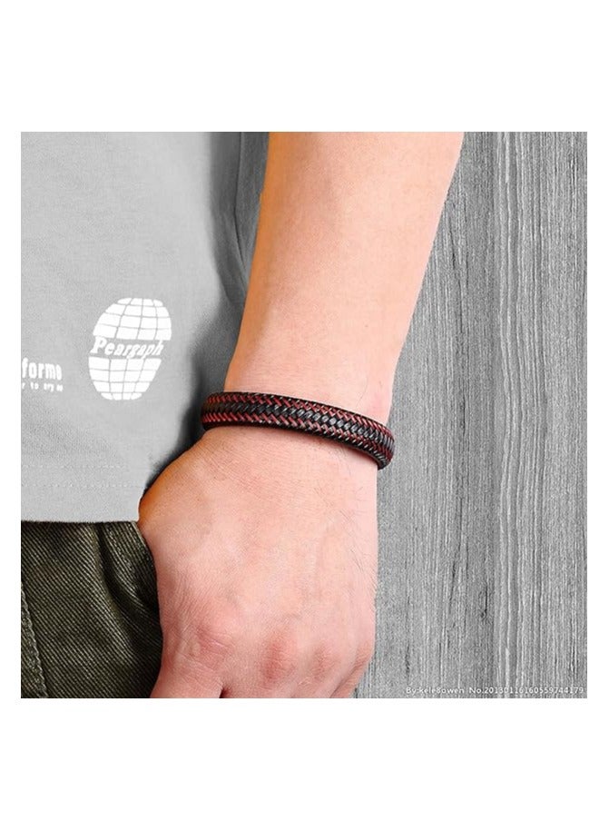 MARIO DRAFTS Men's Braided Leather Bracelet, Black and Red, Magnetic Clasp - Image 5