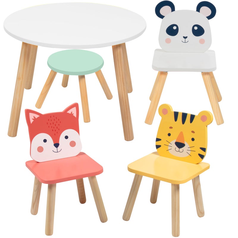 Kids Wooden Animal Table  Chair Set w 4 Seats Tiger Panda  Fox Plus Adult Stool for Arts Crafts Dining Pretend Play Durable Playroom Furniture for Home Daycare Classroom Toddler Activity Center