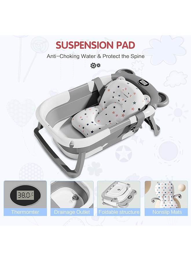ULHYC Portable Collapsible Baby Bathtub With Thermometer & 1 Soft Floating Cushion&Drain Hole Space Saving Durable Baby Tubs For 0~6 Years Old Infants And Toddler - Image 5
