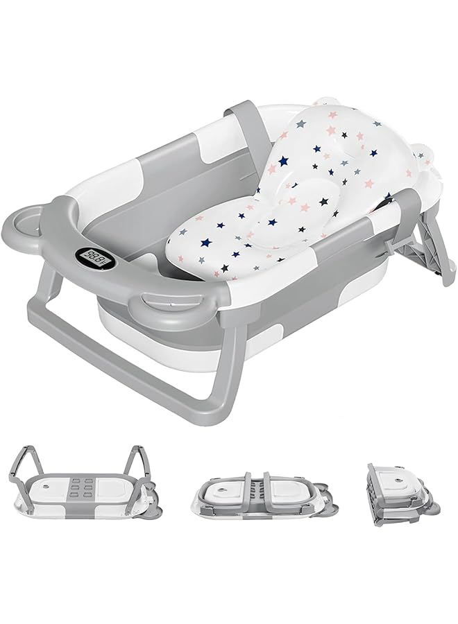ULHYC Portable Collapsible Baby Bathtub With Thermometer & 1 Soft Floating Cushion&Drain Hole Space Saving Durable Baby Tubs For 0~6 Years Old Infants And Toddler - Image 1