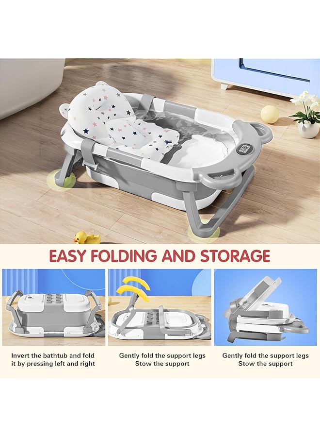 ULHYC Portable Collapsible Baby Bathtub With Thermometer & 1 Soft Floating Cushion&Drain Hole Space Saving Durable Baby Tubs For 0~6 Years Old Infants And Toddler - Image 3