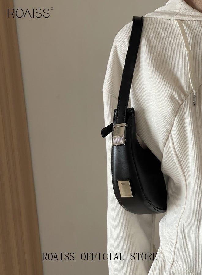 رويس حقيبة كتف نسائية من جلد البولي يوريثان، حقيبة كلاتش بقفل هلالي، تصميم بلون سادة، عصري ومتعدد الاستخدامات - Image 3