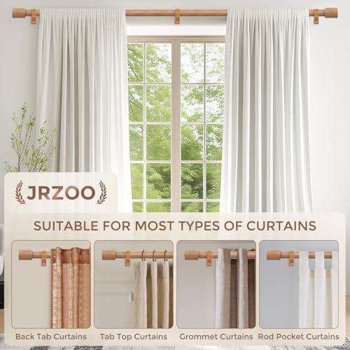 JRZOO Wood Curtain Rods, 1'' Decorative Adjustable Rustic Farmhouse Drapery Rod, Heavy Duty Boho Curtain Pole for Windows 66 to 120 Inch with Imitation Wooden Grain Finials, (Light Wood/Unique Design) - Image 5