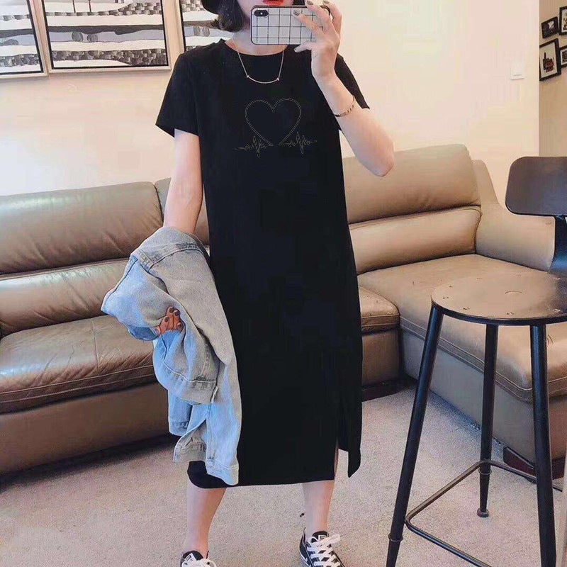 Foreign trade new mid-length short sleeve dress womens fashion casual loose printed T-shirt A- line skirt ins summer Black - Image 1