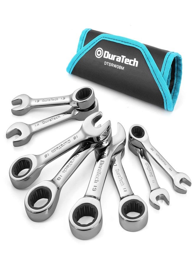 DURATECH Stubby Ratcheting Combination Wrench Set, Metric, 8-piece, 10, 11, 13, 14, 16, 17, 18, 19mm, CR-V Steel, with Pouch - Image 1
