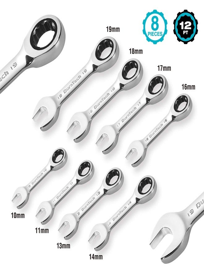 DURATECH Stubby Ratcheting Combination Wrench Set, Metric, 8-piece, 10, 11, 13, 14, 16, 17, 18, 19mm, CR-V Steel, with Pouch - Image 2