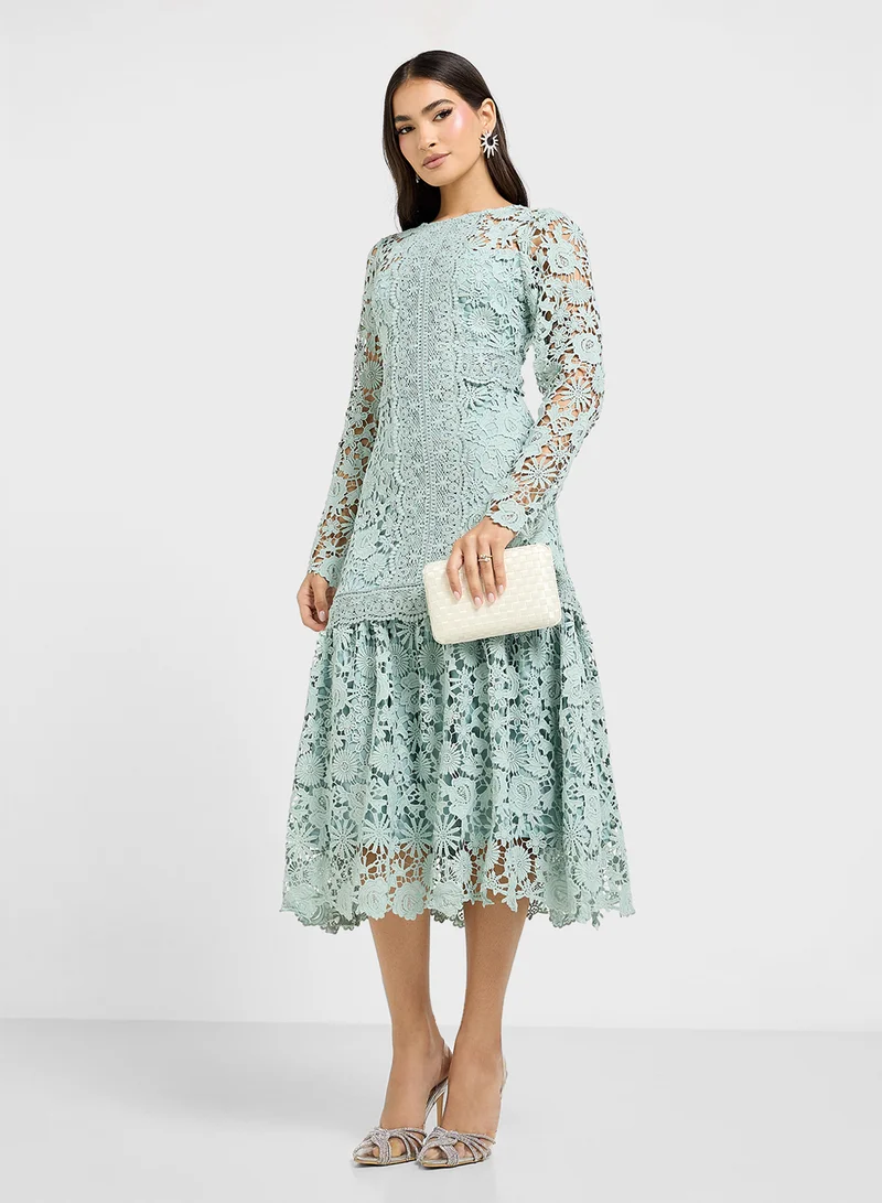 Just Me Crew Neck Lace Detailed Dress