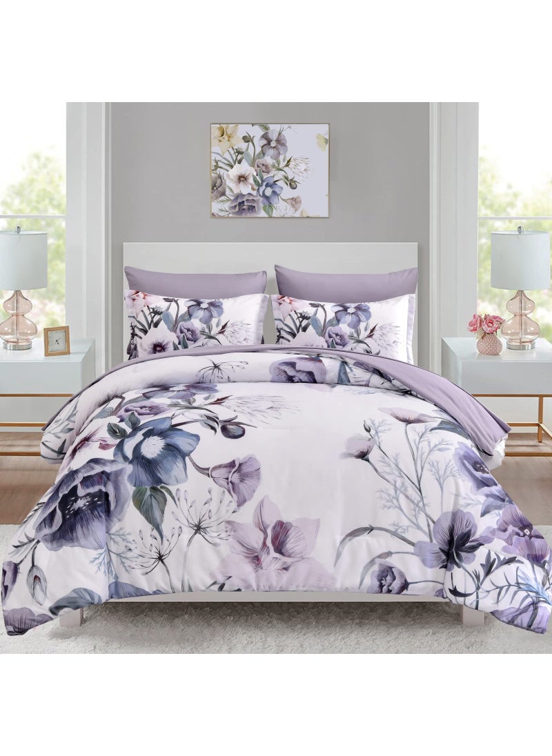 Luxudecor Luxudecor Floral Comforter Set King Size 7 Piece  Purple Flower Bed in a Bag  Elegant Floral Comforter with Sheet Set  Soft Microfiber Bedding Set for All Season (Purple  104""x90"")  - Image 1