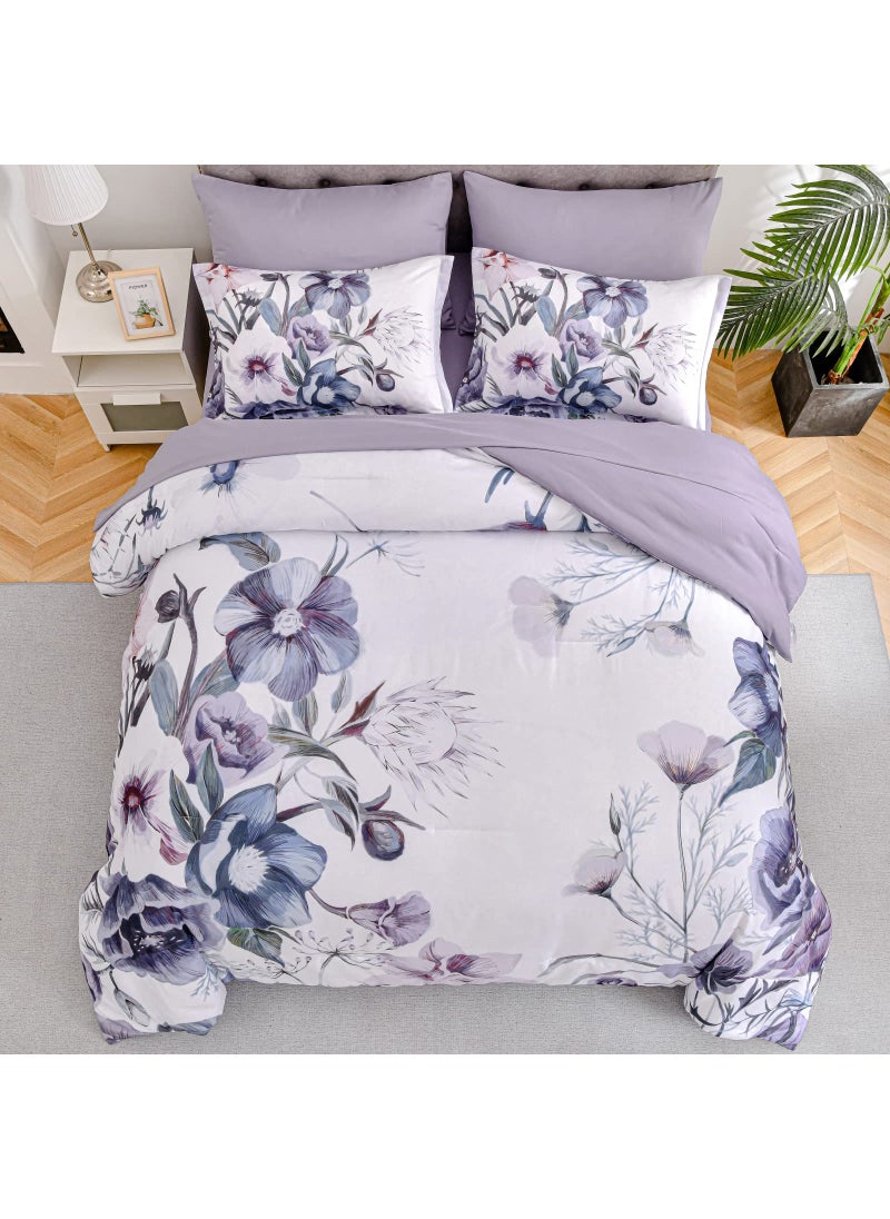 Luxudecor Luxudecor Floral Comforter Set King Size 7 Piece  Purple Flower Bed in a Bag  Elegant Floral Comforter with Sheet Set  Soft Microfiber Bedding Set for All Season (Purple  104""x90"")  - Image 3