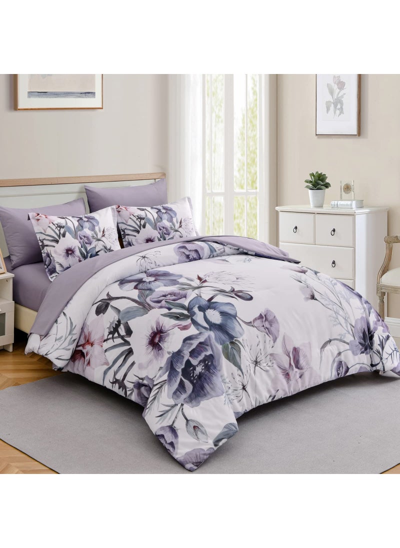 Luxudecor Luxudecor Floral Comforter Set King Size 7 Piece  Purple Flower Bed in a Bag  Elegant Floral Comforter with Sheet Set  Soft Microfiber Bedding Set for All Season (Purple  104""x90"")  - Image 2