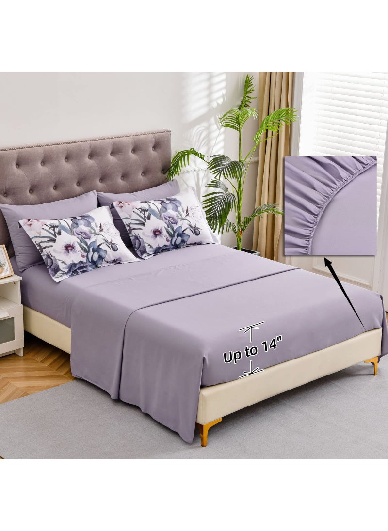 Luxudecor Luxudecor Floral Comforter Set King Size 7 Piece  Purple Flower Bed in a Bag  Elegant Floral Comforter with Sheet Set  Soft Microfiber Bedding Set for All Season (Purple  104""x90"")  - Image 5