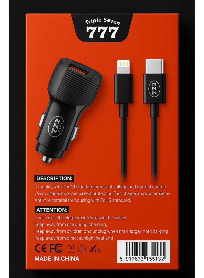 777 Triple Seven CA10 Car Charger 45W Fast Charge with 18W USB & 27W Type-C Output + Lightning Cable for iPhone - Image 3