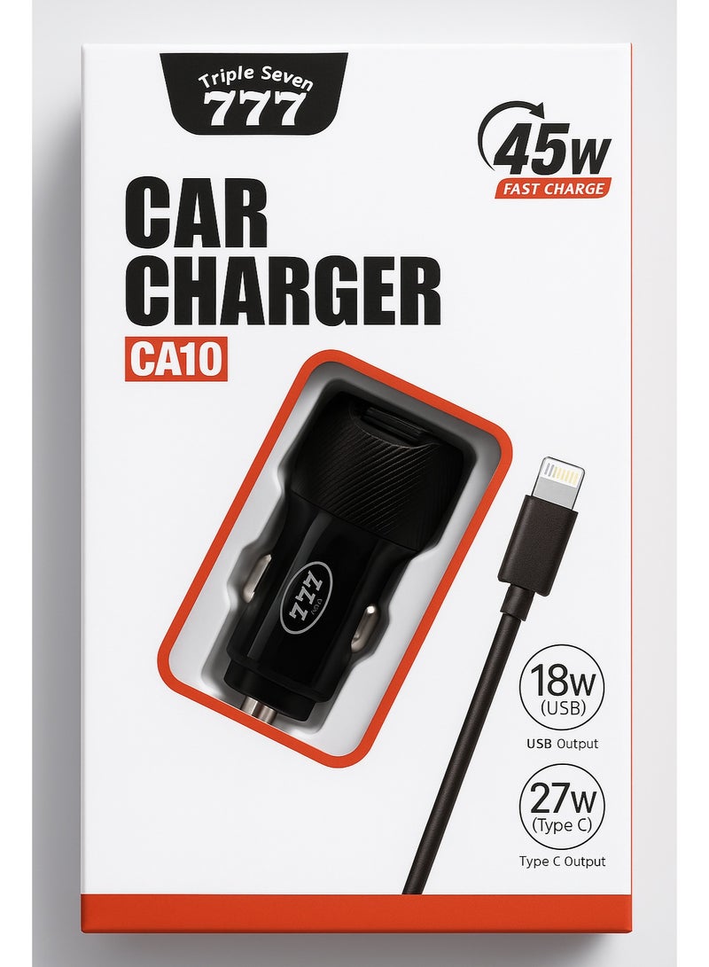 777 Triple Seven CA10 Car Charger 45W Fast Charge with 18W USB & 27W Type-C Output + Lightning Cable for iPhone - Image 2