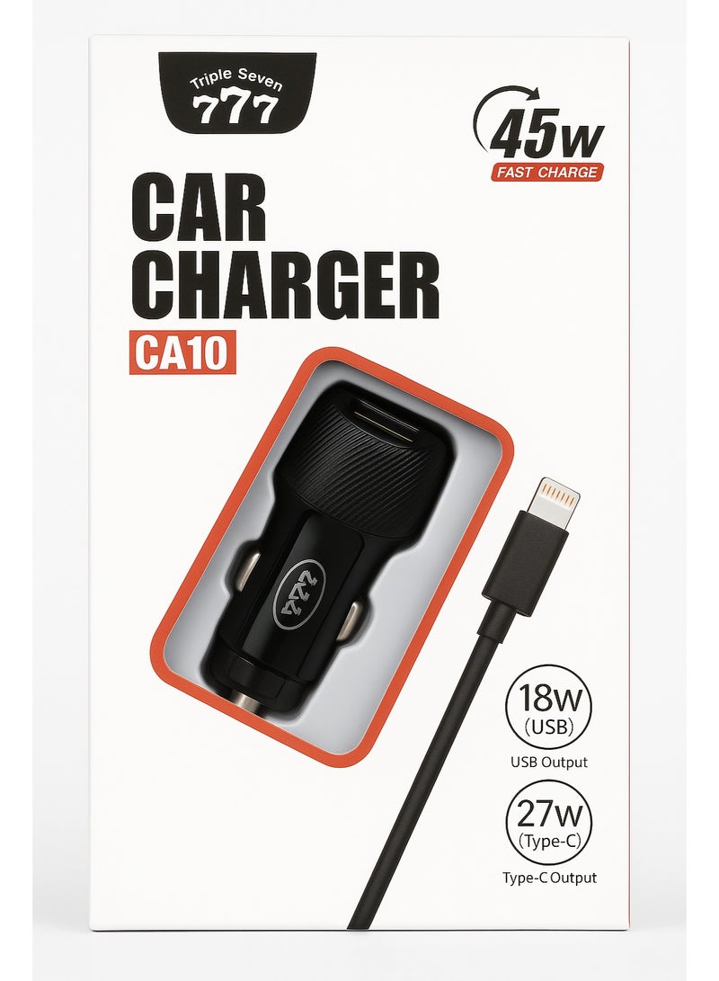 777 Triple Seven CA10 Car Charger 45W Fast Charge with 18W USB & 27W Type-C Output + Lightning Cable for iPhone - Image 1