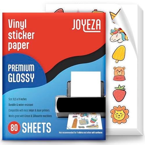 JOYEZA Premium Printable Vinyl Sticker Paper for Inkjet Printer - 80 Sheets Glossy White Waterproof, Dries Quickly Vivid Colors, Holds Ink well - Inkjet & Laser Printer - Image 1