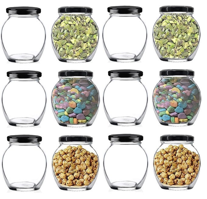 400 ML MATKI GLASS JAR WITH AIRTIGHT METAL LID, KITCHEN STORAGE CONTAINER (BLACK, 12)