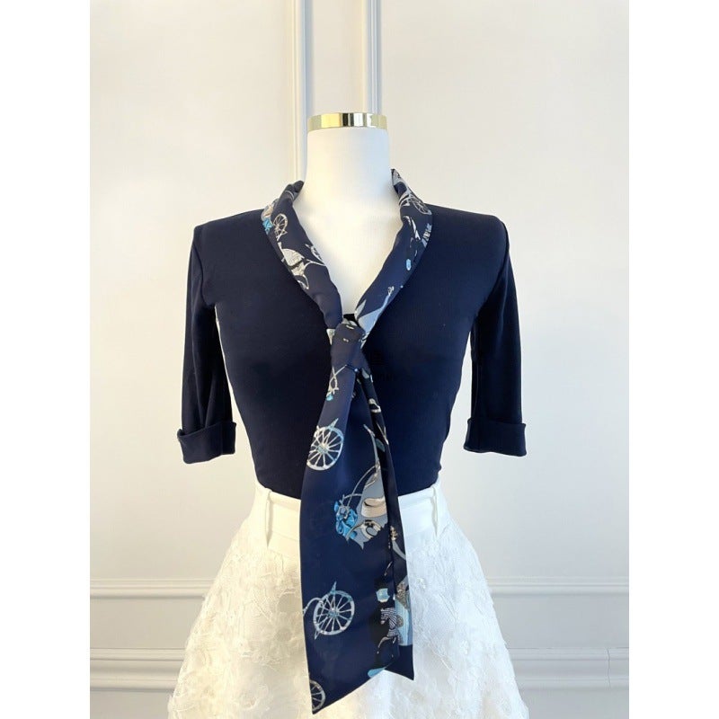 Korean Chic Secretary Style Top with Scarf Blue - Image 1