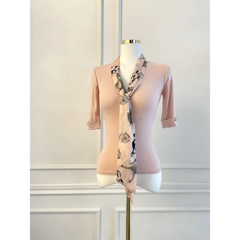 Korean Chic Secretary Style Top with Scarf Blue - Image 2