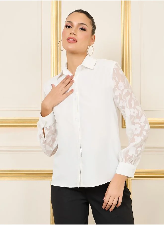 Styli Floral Print Sheer Sleeves Regular Fit Shirt