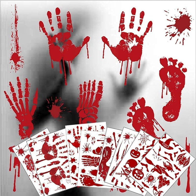 Halloween Decorations 8 Sheet95Pcs Bloody Handprint Footprint Wall Decal Floor Clings Horror Handprint Home PVC Halloween Decoration Window Stickers